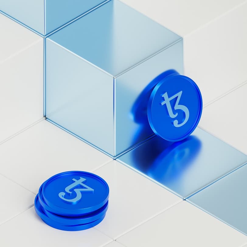 Isometric blockchain illustration with Tezos coins
